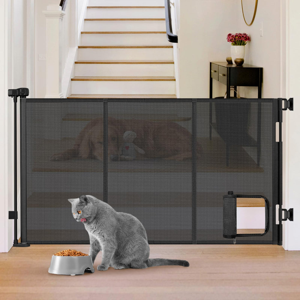 Sair Pet reinforced 60-wide retractable gate with cat door ideal for large entryways.