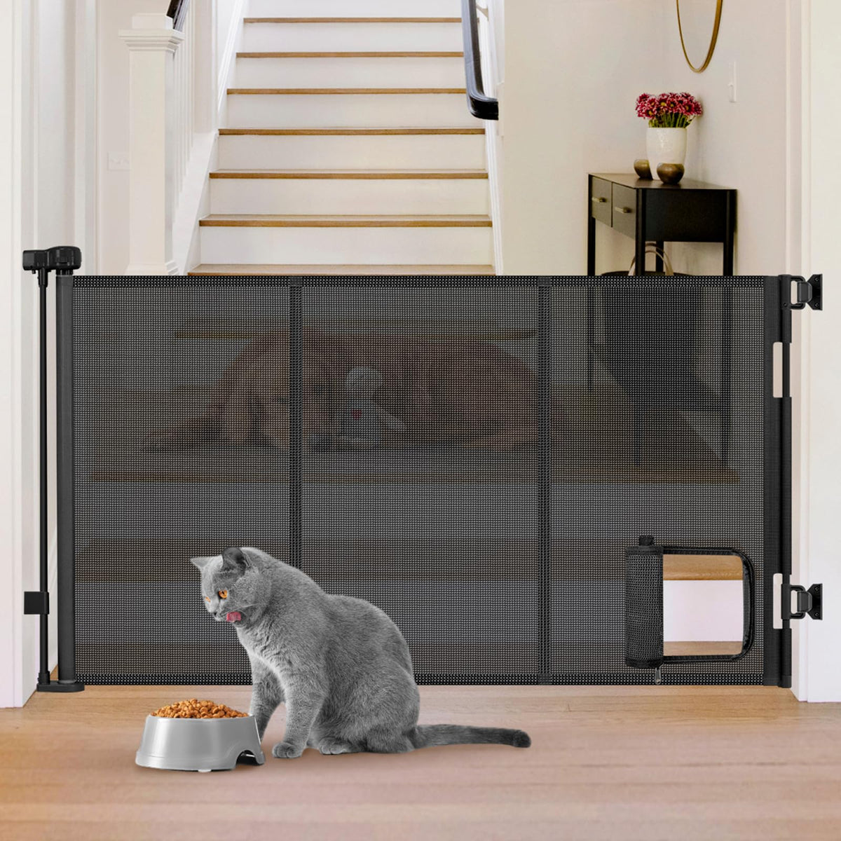 Sair Pet reinforced 60-wide retractable gate with cat door ideal for large entryways.