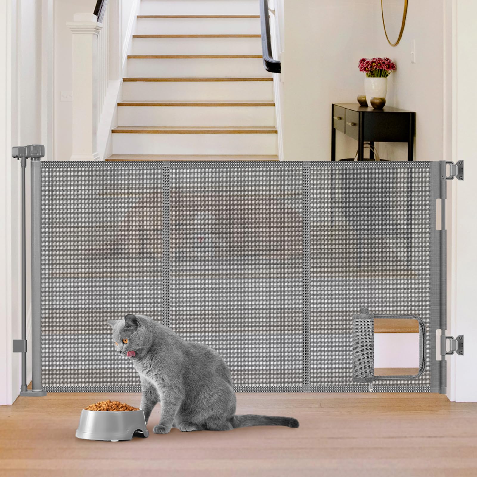 Sair Pet reinforced gate with cat door keeps pets contained indoors.