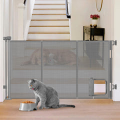 Sair Pet reinforced gate with cat door keeps pets contained indoors.