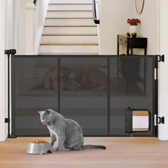 Sair Pet reinforced 60-wide retractable gate with cat door ideal for large entryways.