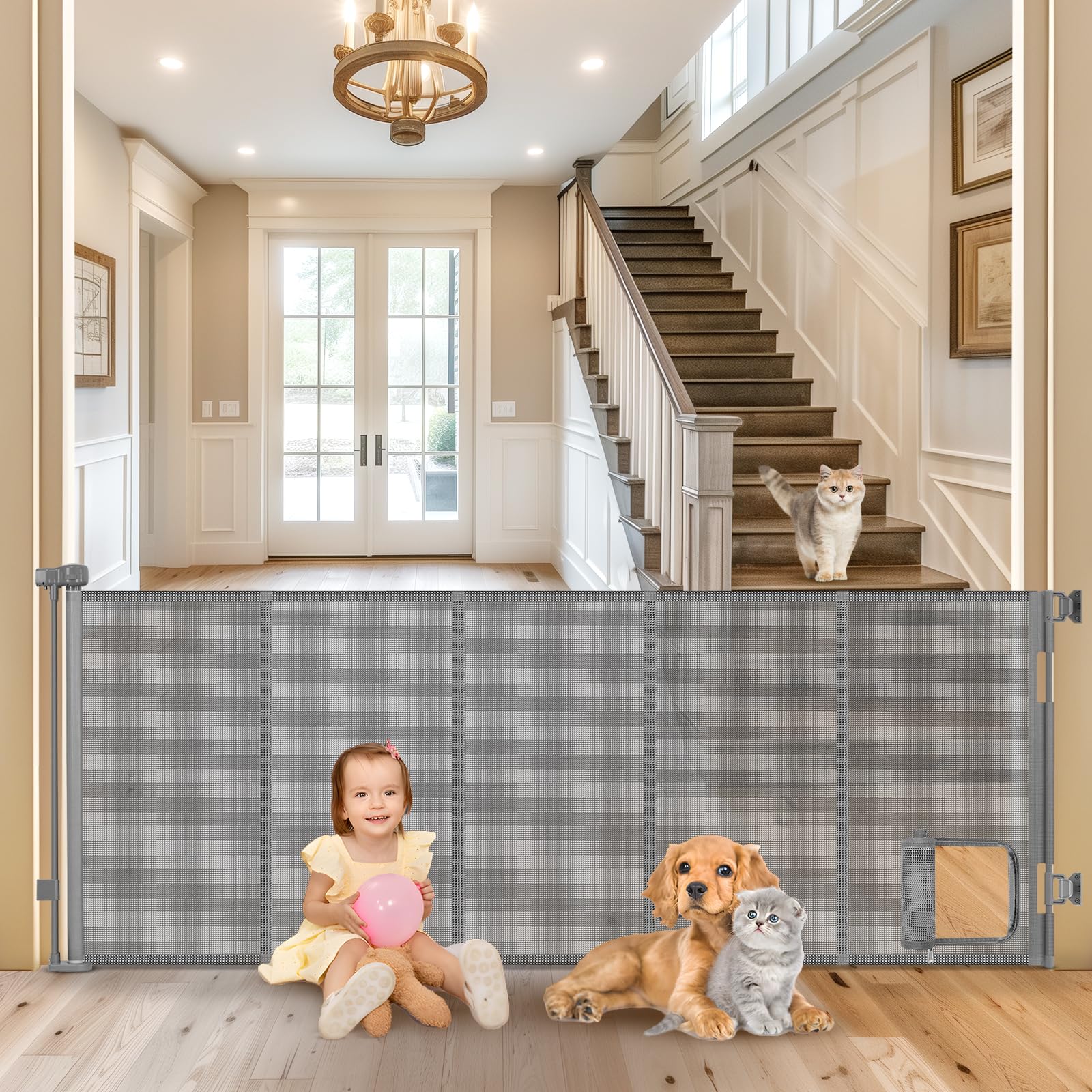 Sair Pet reinforced 90-inch gate with cat door in living room keeps pets safely apart