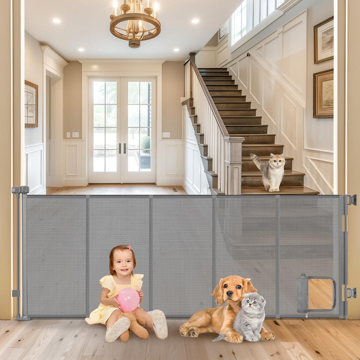 Sair Pet reinforced 90-inch gate with cat door in living room keeps pets safely apart