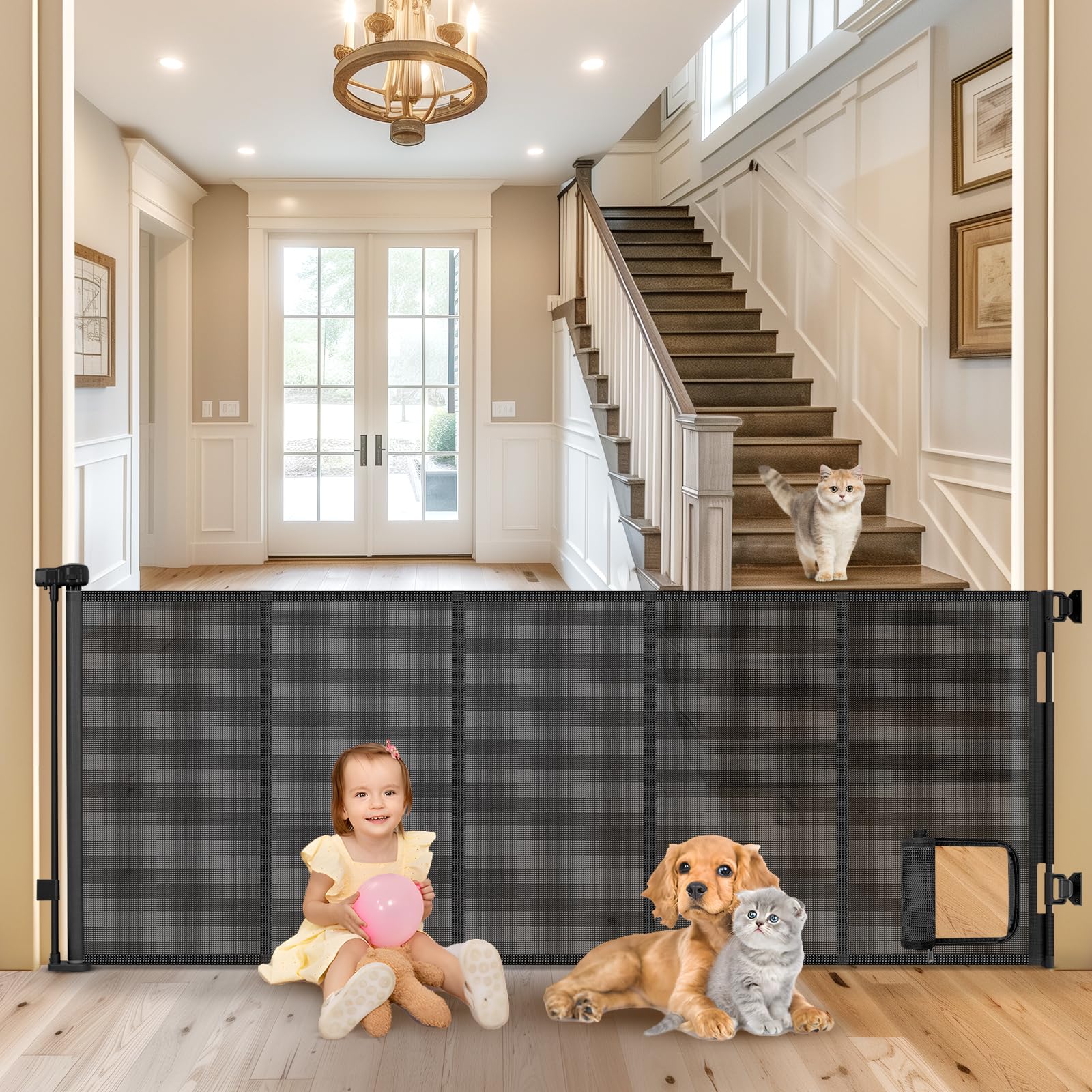 Sair pet reinforced 90-wide gate with cat door, ideal for wide openings.