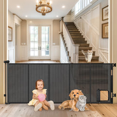 Sair pet reinforced 90-wide gate with cat door, ideal for wide openings.