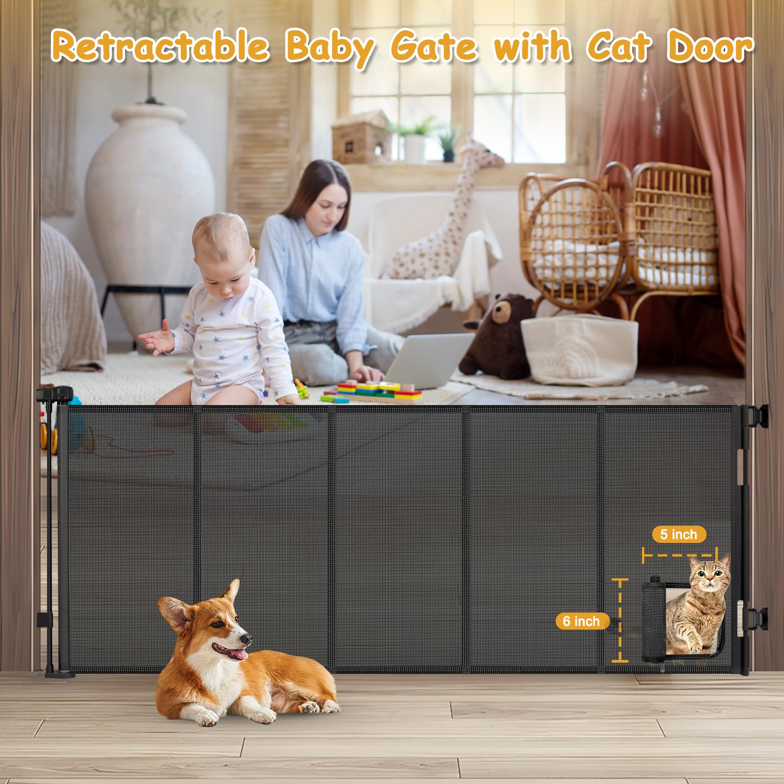 Sair pet gate mesh detail shows durable, anti-scratch construction.