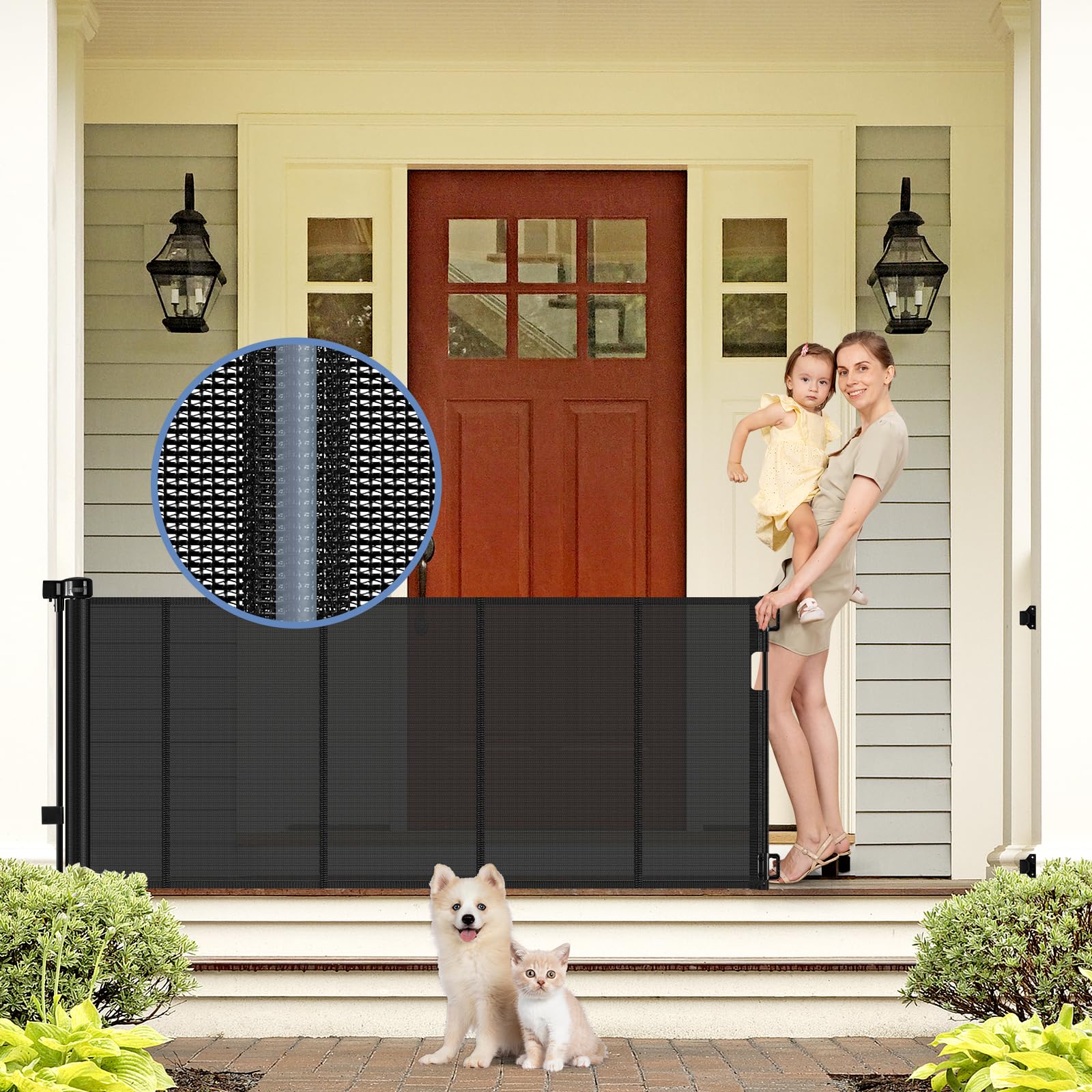 Sair Pet reinforced retractable gate spans a doorway, keeping kids and pets safely separated.