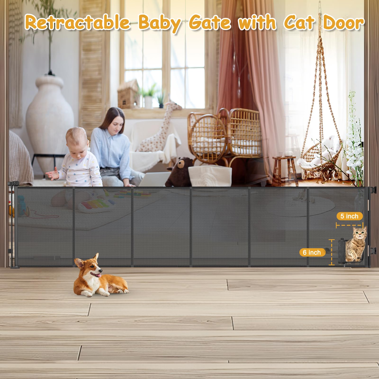 Sair pet retractable gate, 33-inch tall, suitable for indoor-outdoor use.