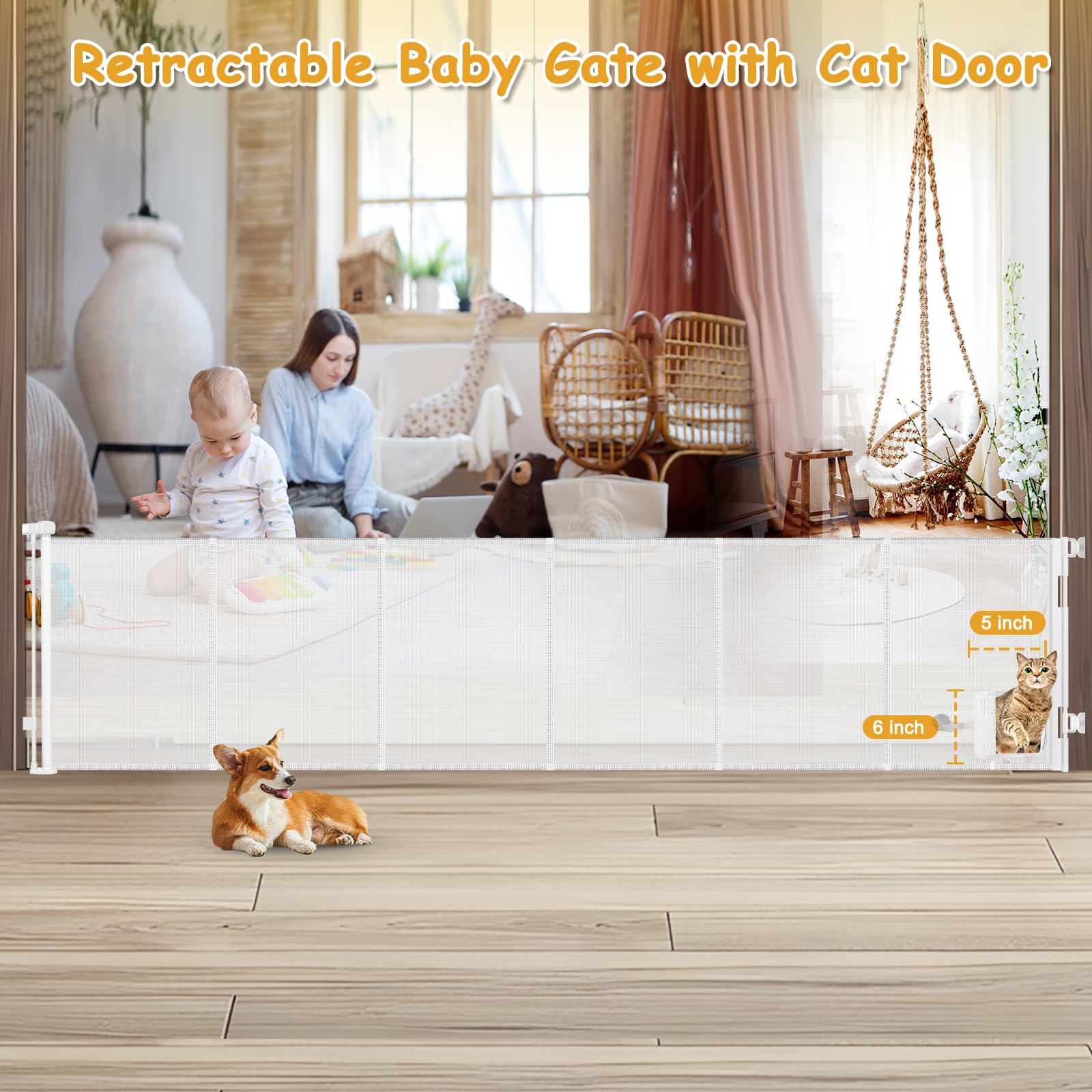 Sair pet retractable gate at 33 inches tall extended across a doorway.