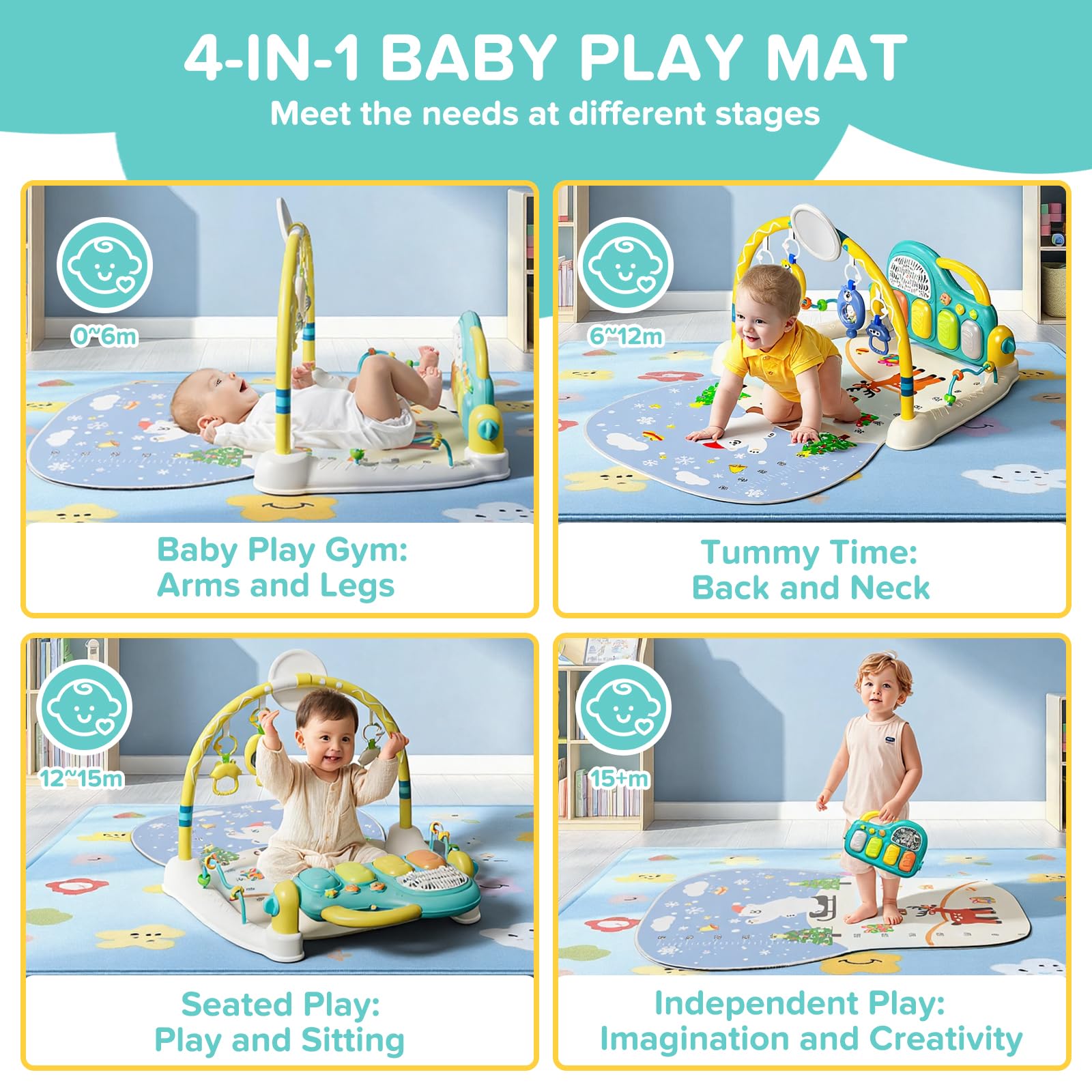 SAKAKI Baby Play Mat with music mode buttons offering varied melodies for playtime.