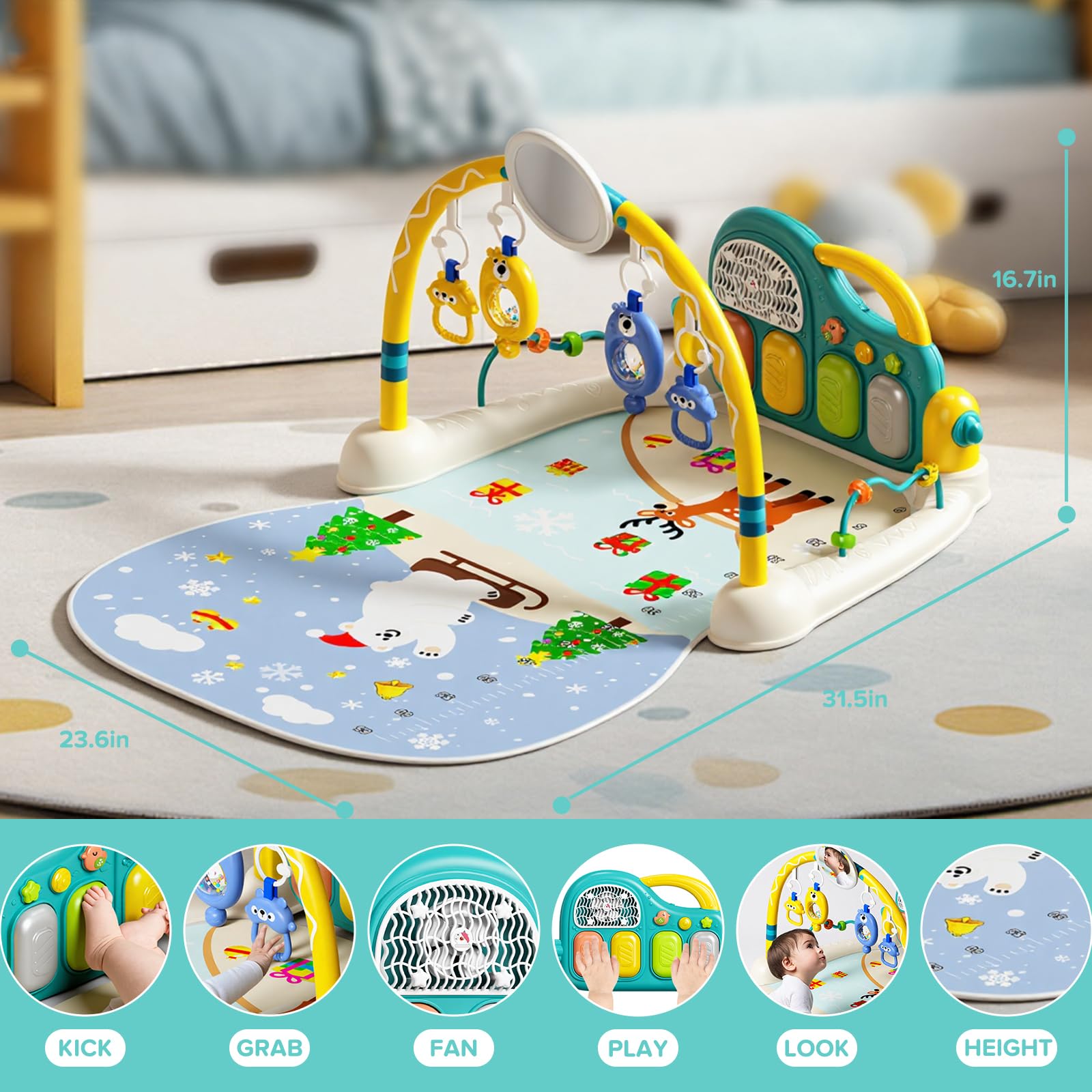 SAKAKI Baby Play Mat includes removable sensory toys to stimulate grasp and exploration.