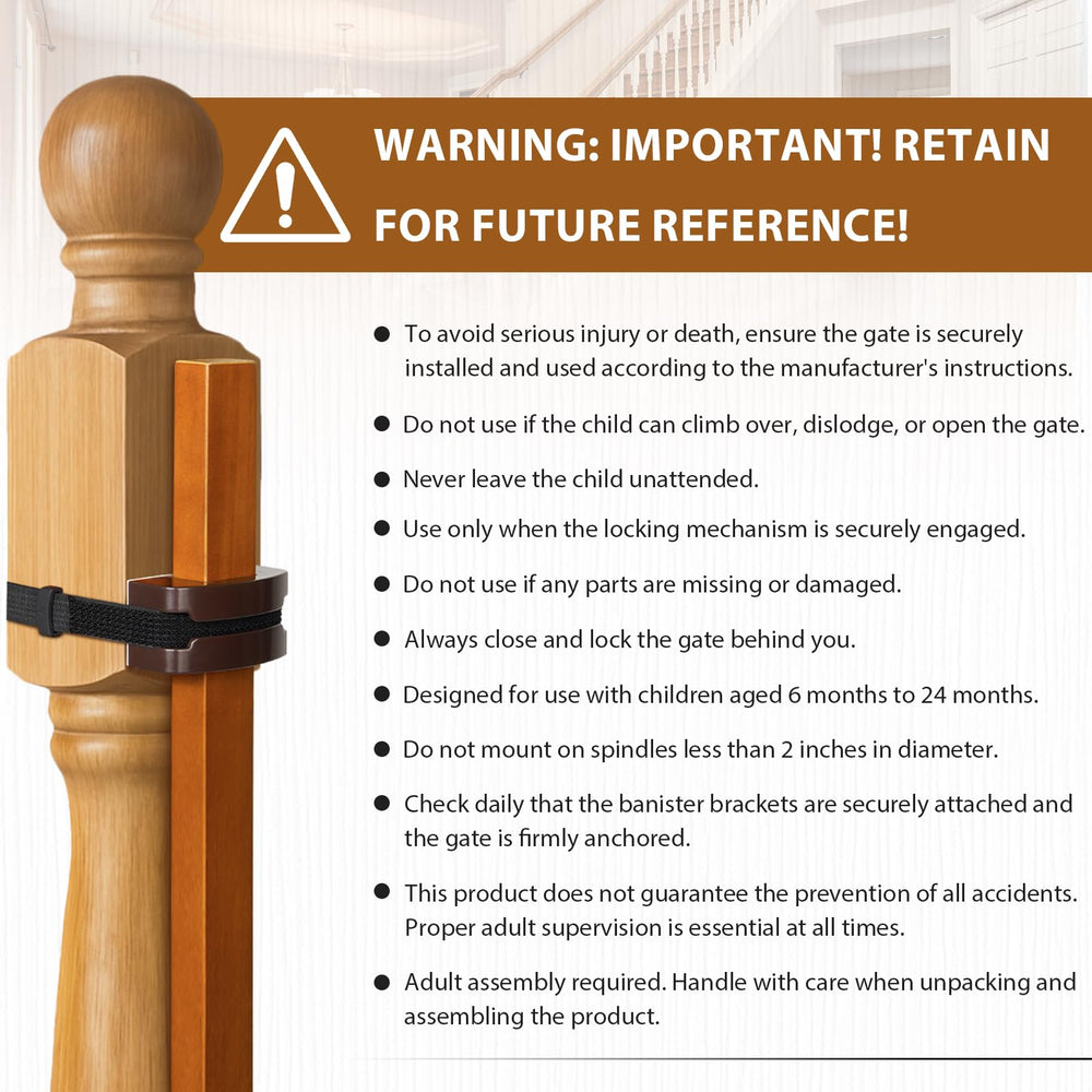 Protects banisters from damage while securing the gate between banister and wall.