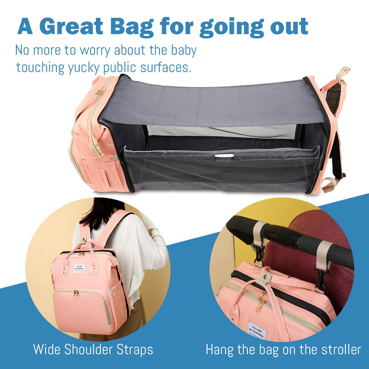 SALIFA diaper bag stroller hooks enable easy hanging for hands-free mobility.