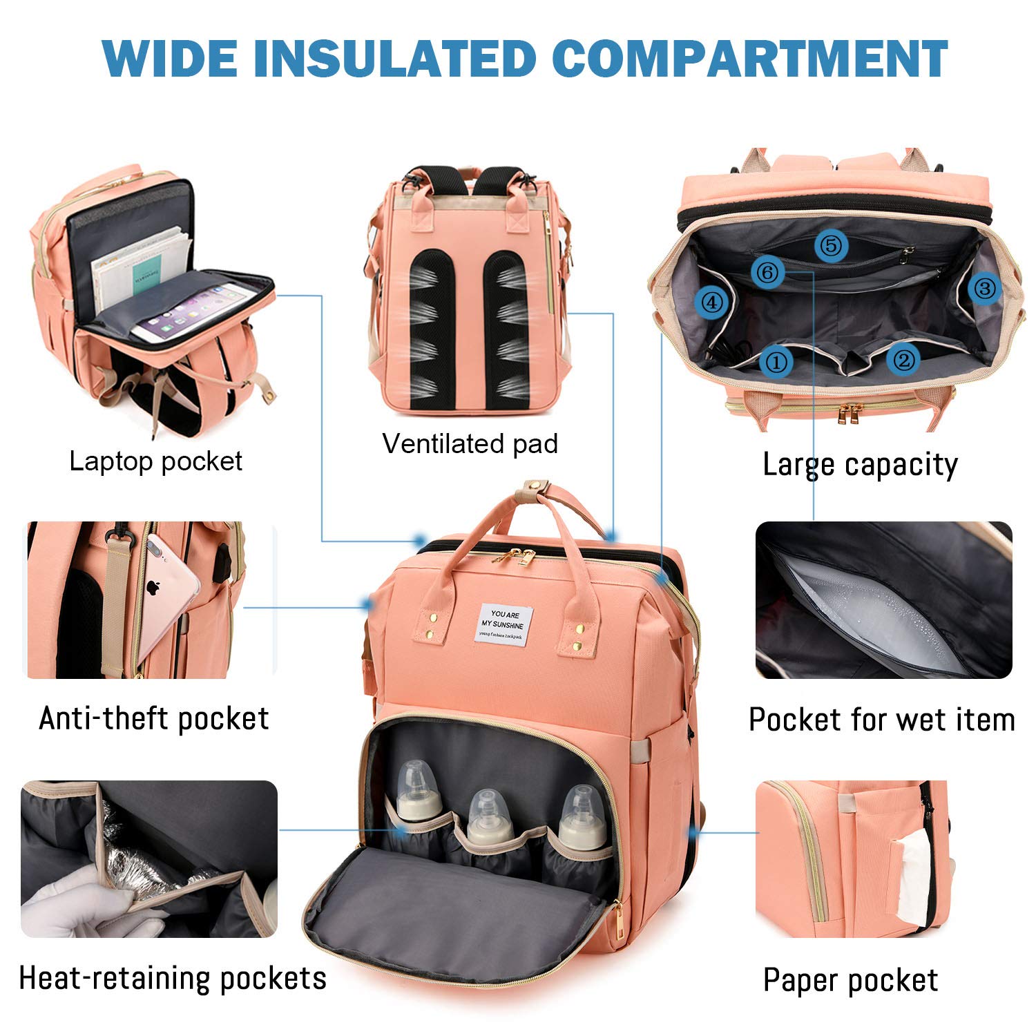 SALIFA diaper bag water-resistant 900D fabric protects contents in rain and splashes.