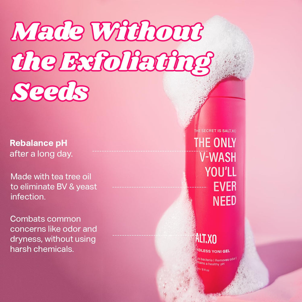 Salt.xo Seedless Yoni Gel Wash in a bathroom setting for daily gentle use.