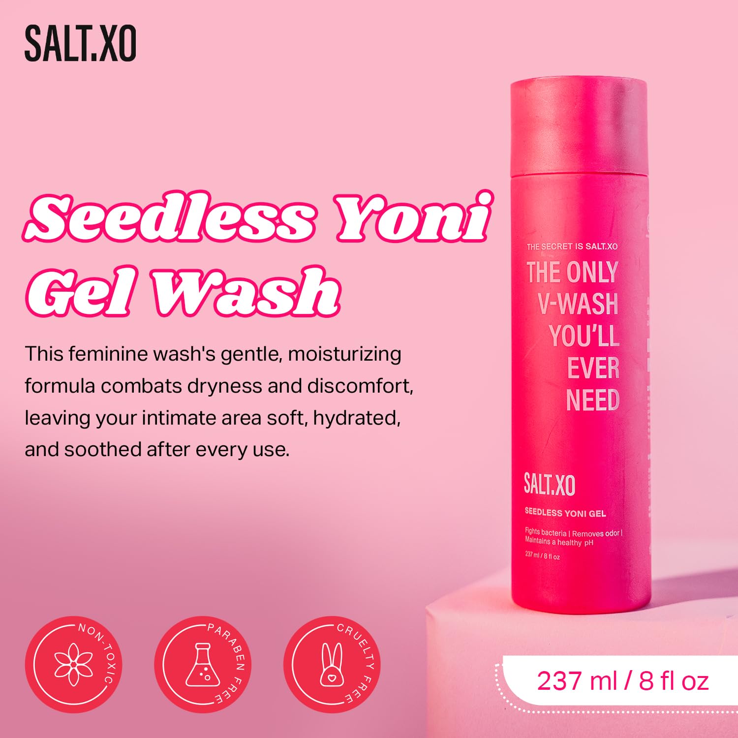 Salt.xo Seedless Yoni Gel Wash close-up with cucumber and aloe for soothing care.