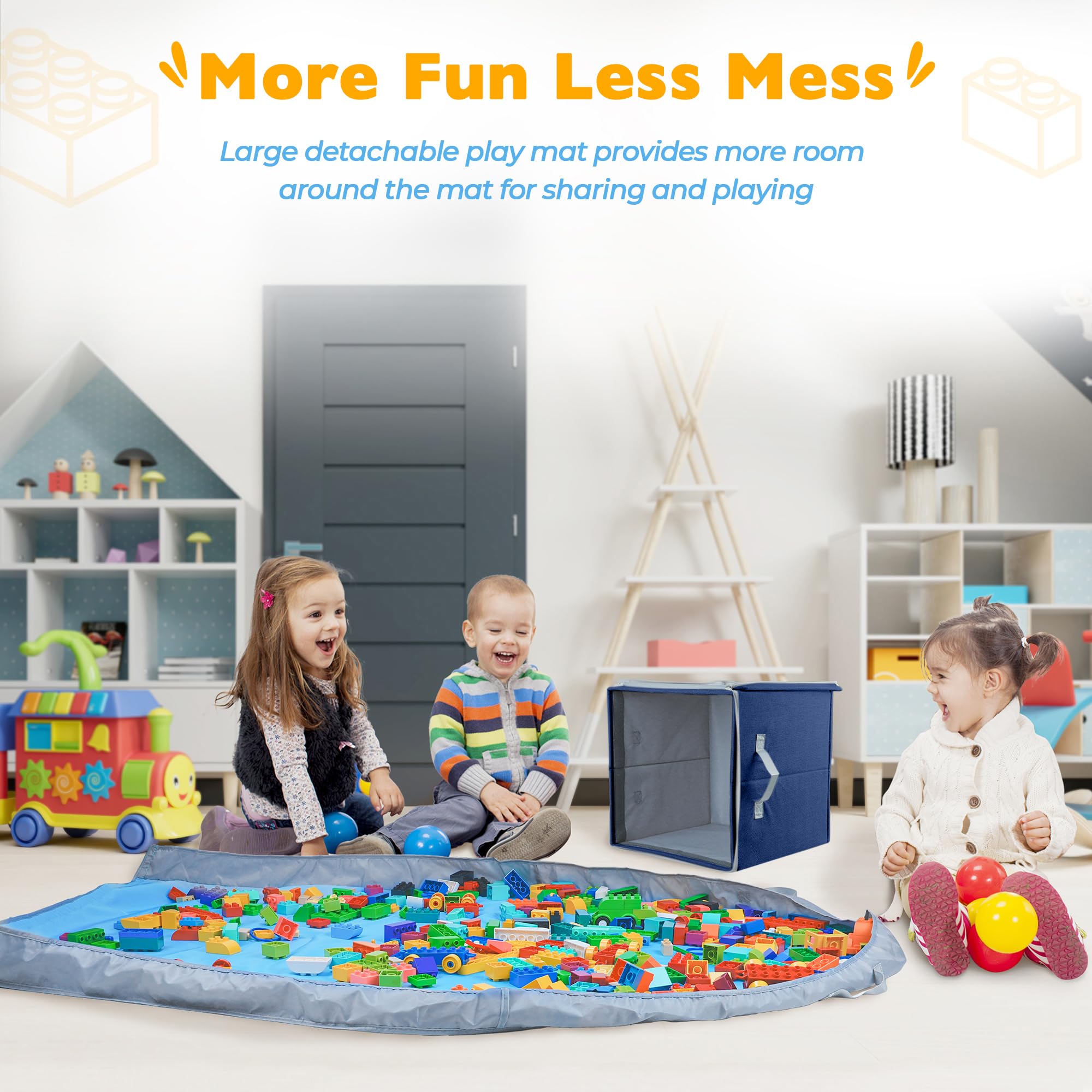 SAM AND MABEL stackable cubby baskets keep toys neatly organized.