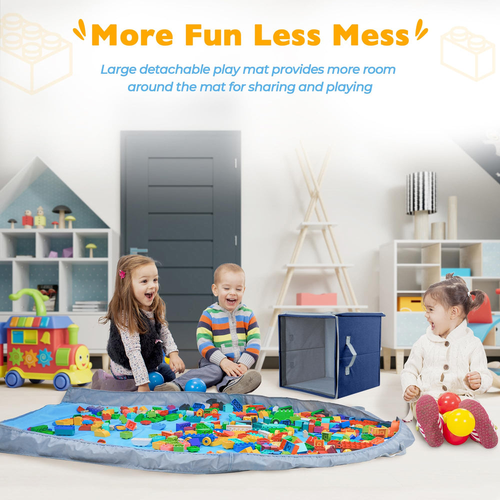 SAM AND MABEL stackable cubby baskets keep toys neatly organized.