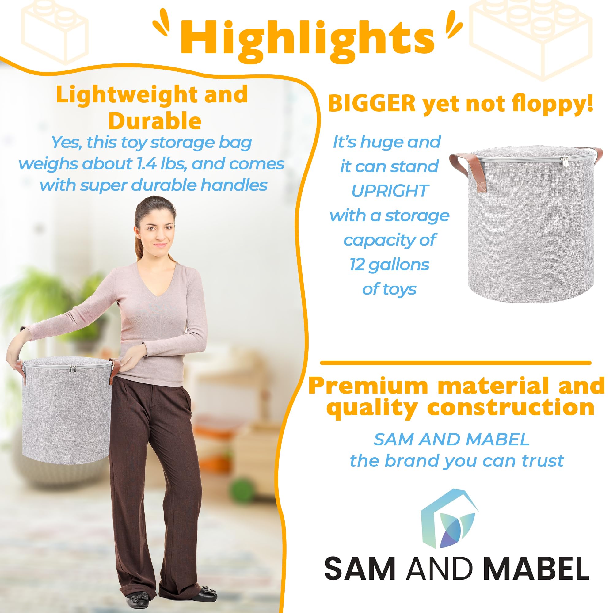 SAM AND MABEL foldable basket supports nursery organization.
