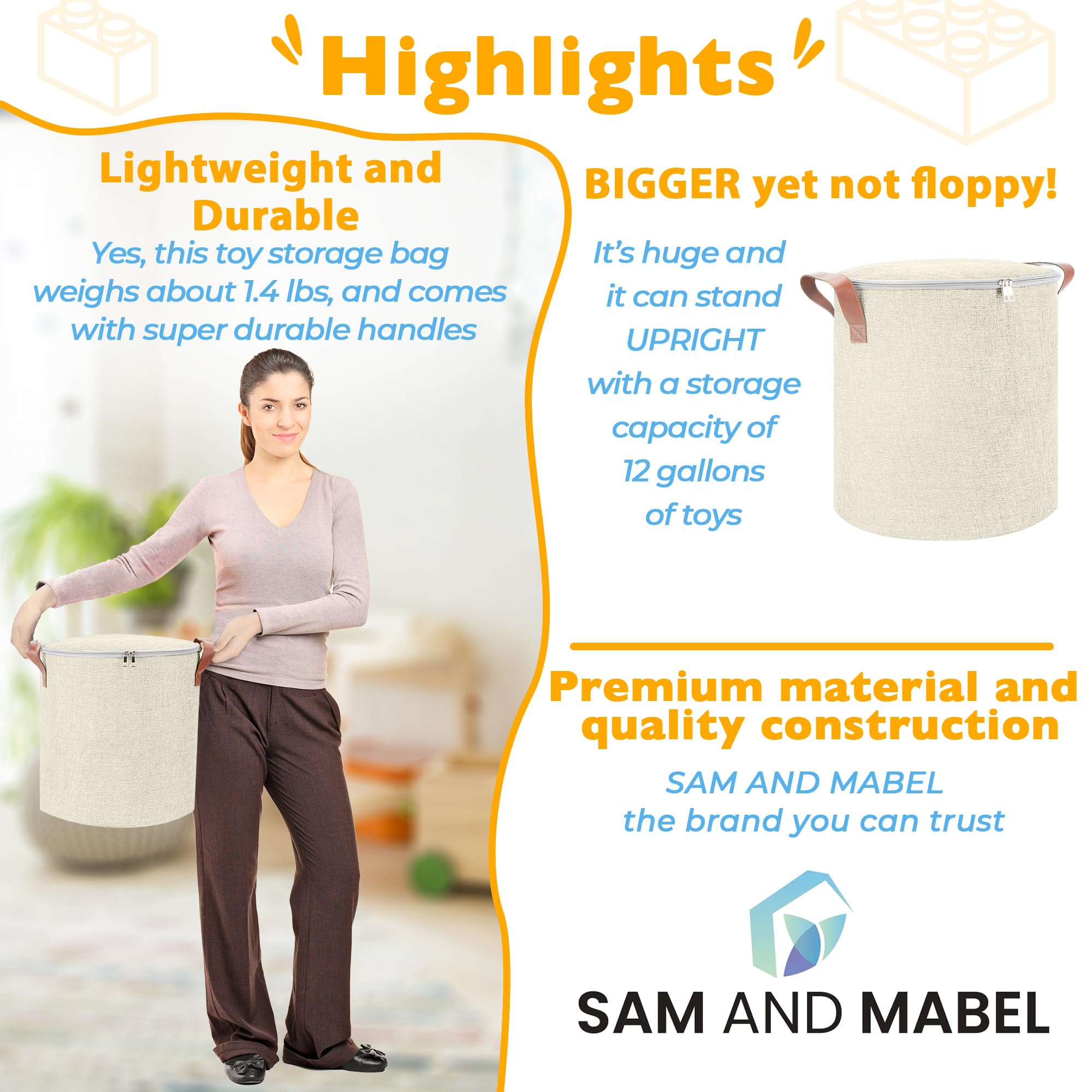SAM AND MABEL foldable storage bin in ivory stores neatly when not in use.
