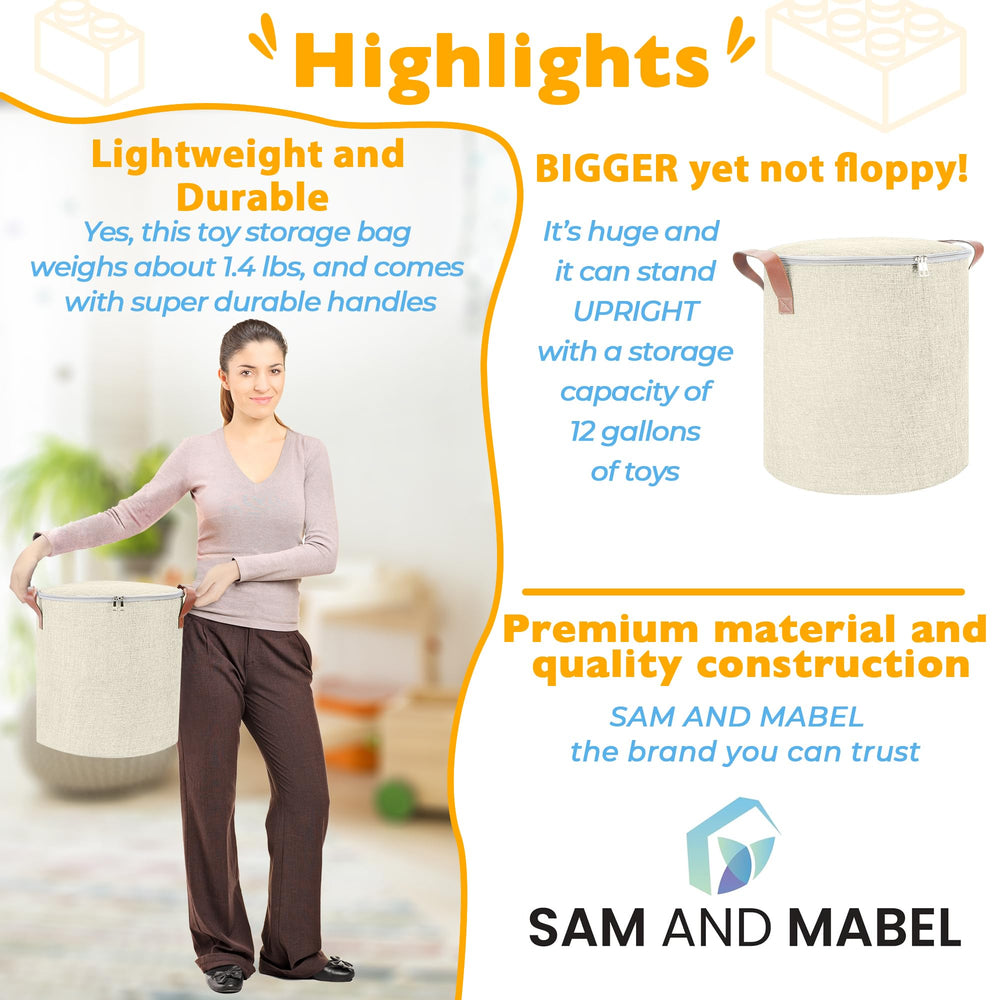 SAM AND MABEL foldable storage bin in ivory stores neatly when not in use.