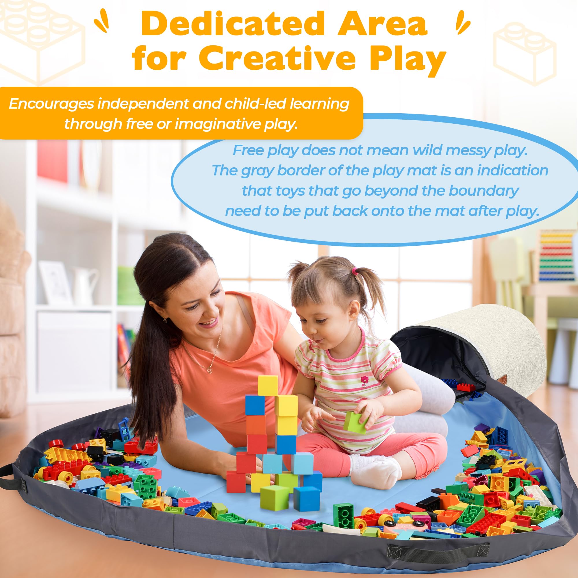 SAM AND MABEL play mat measures 60 by 45 inches for collaborative fun.