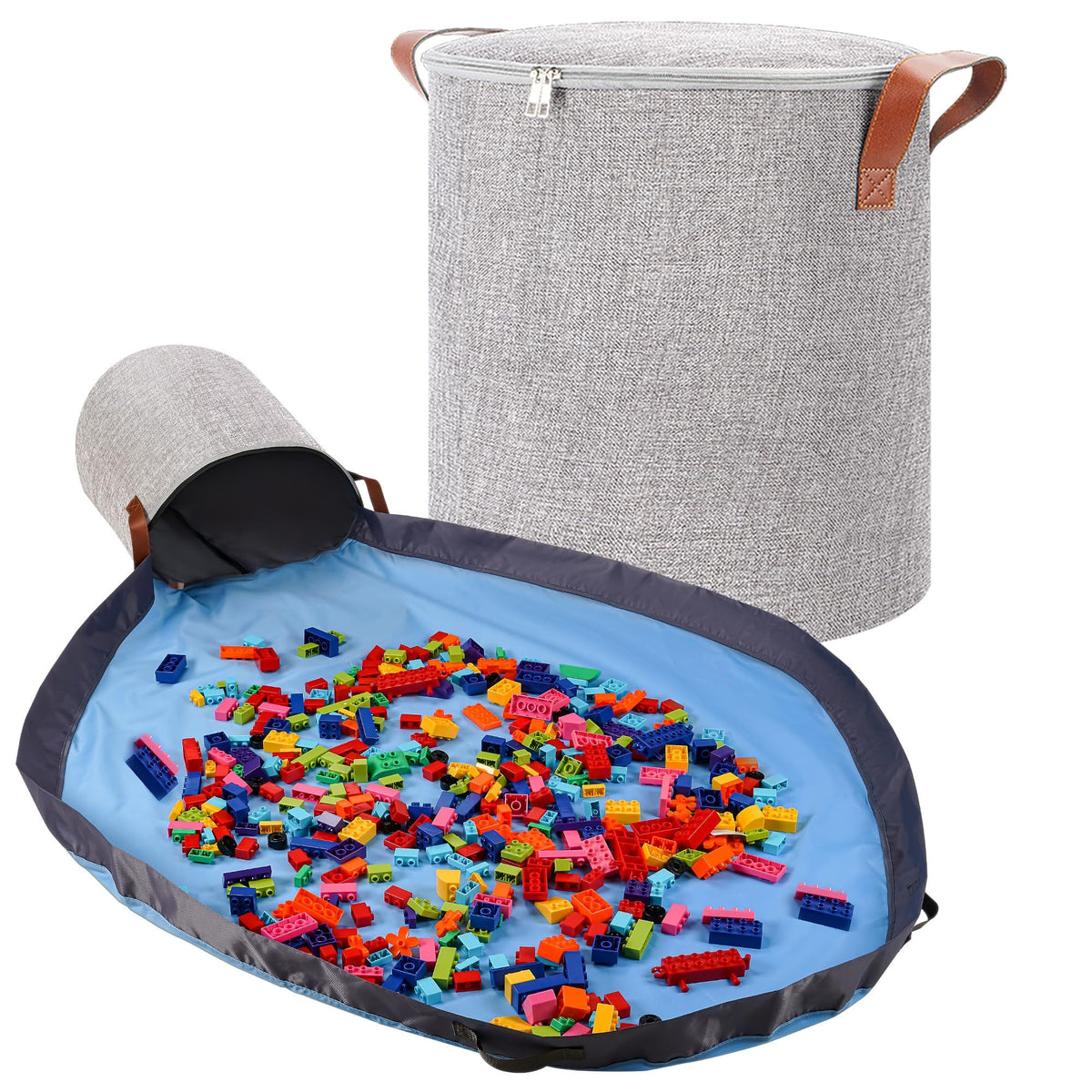 SAM AND MABEL XXL storage organizer with gray play mat keeps toys organized.