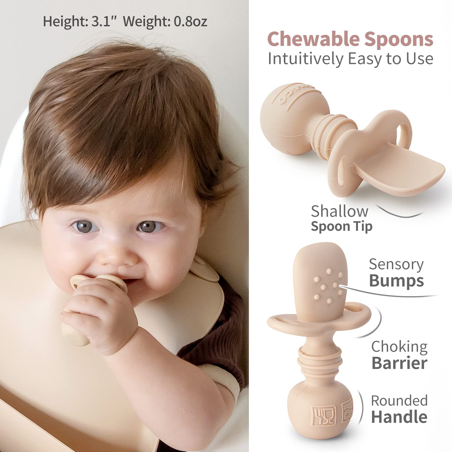 SAMiGO chewable spoons feature a textured head and safety stopper.
