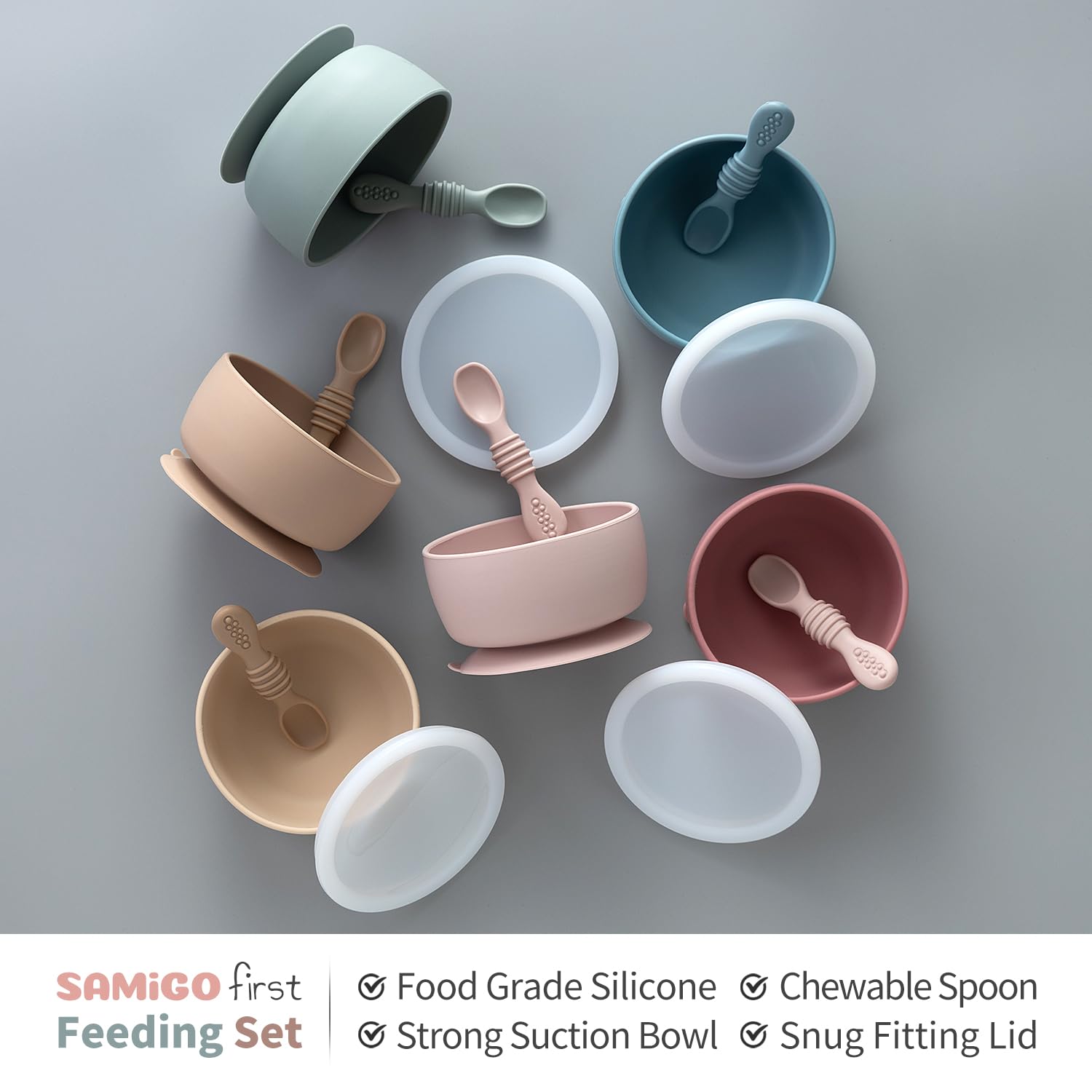 SAMiGO double-ended spoon supports scooping and dipping during self-feeding.