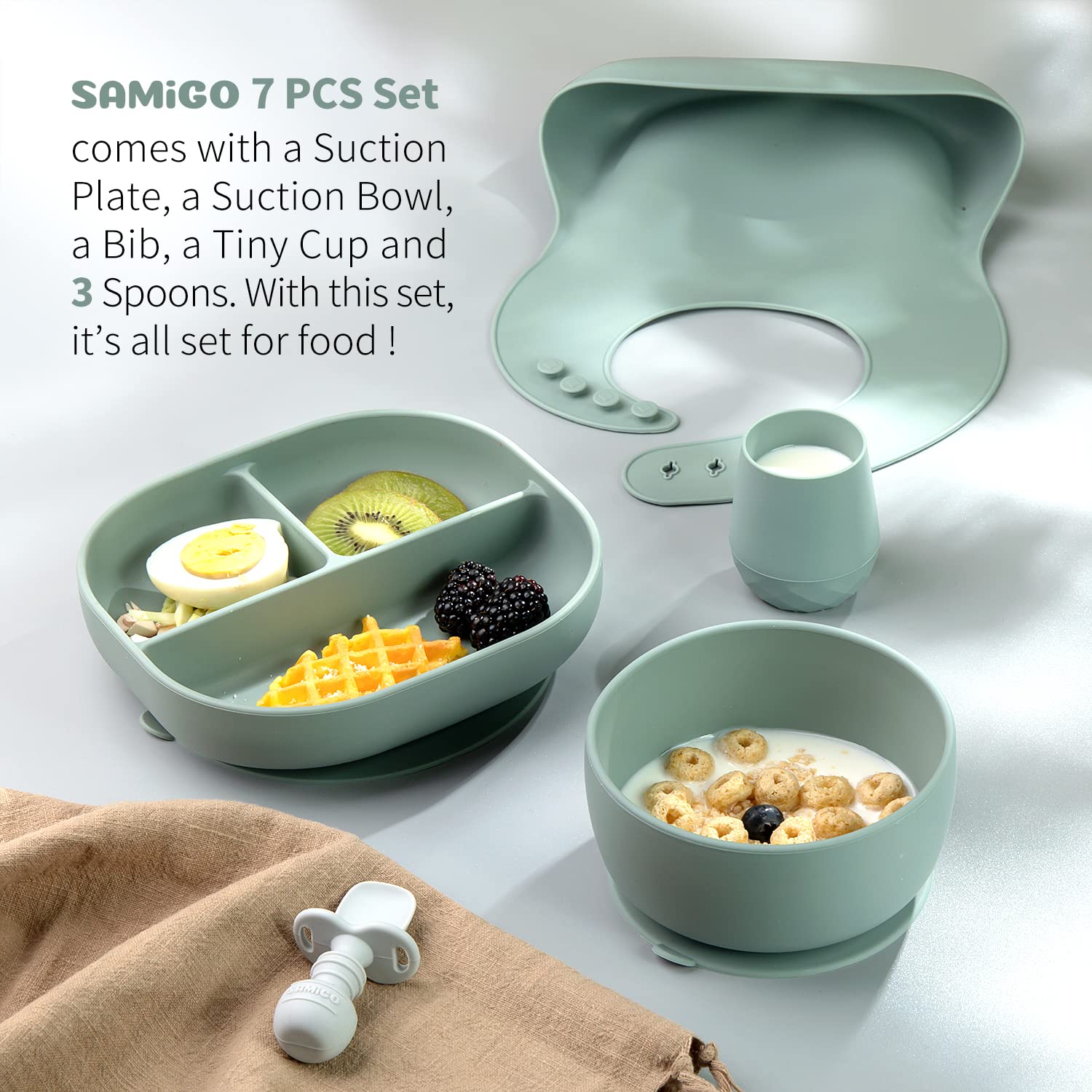 SAMiGO suction bowl grips smooth surfaces for stable meals.