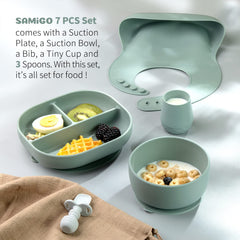 SAMiGO suction bowl grips smooth surfaces for stable meals.