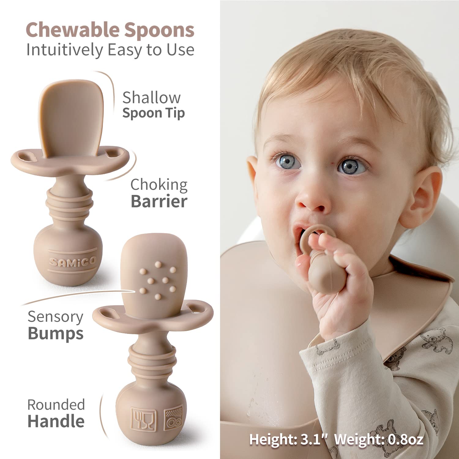 SAMiGO chewable spoons; textured handle aids little hands and safe chewing.