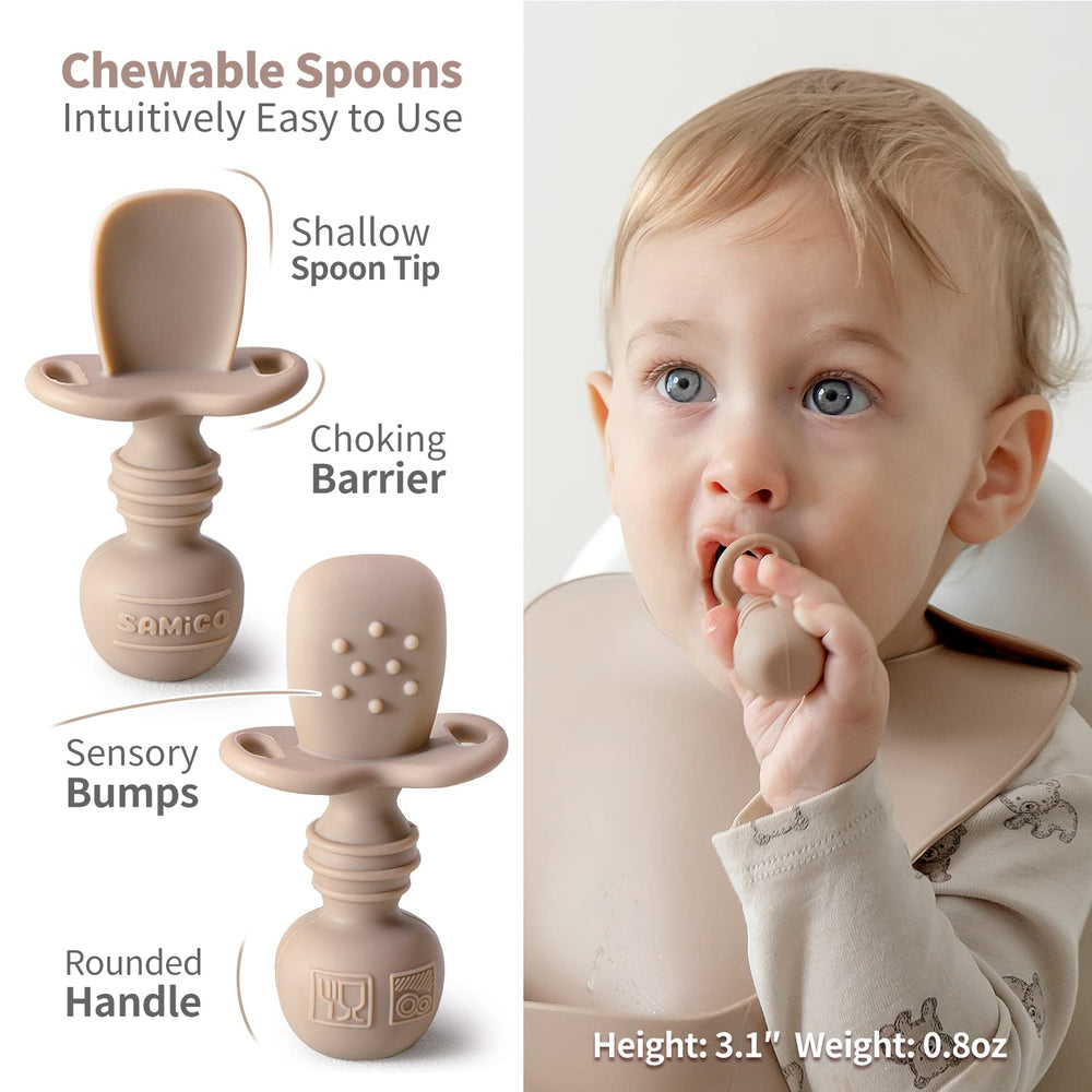 SAMiGO chewable spoons; textured handle aids little hands and safe chewing.