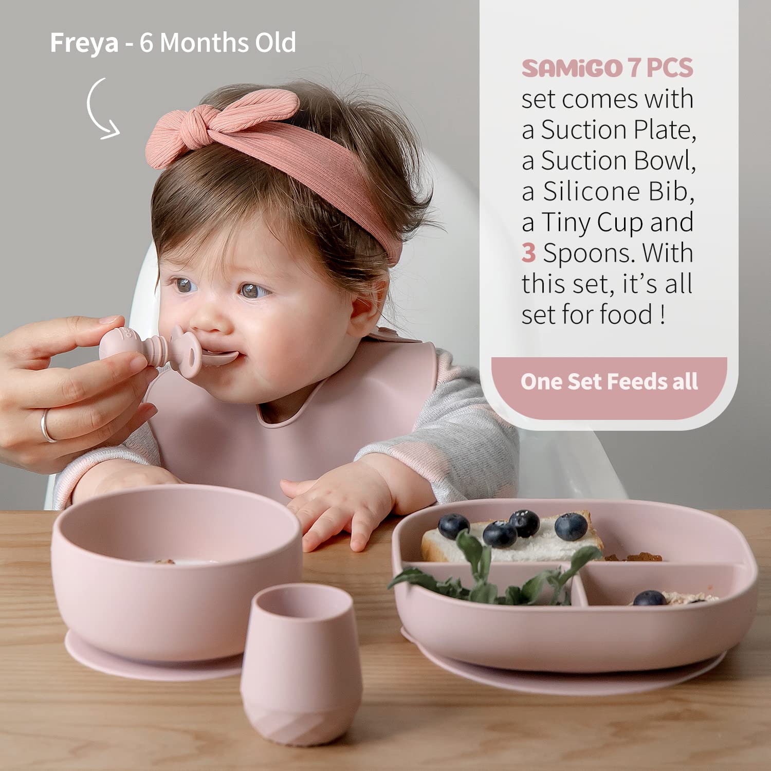 SAMiGO suction bowl with secure grip on a table during mealtime.