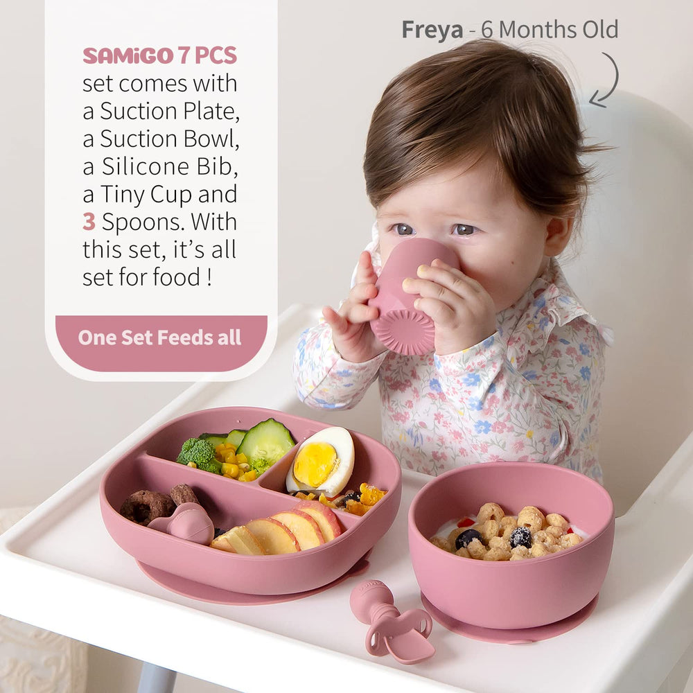 SAMiGO suction bowl holds foods in place for tidy feeding.