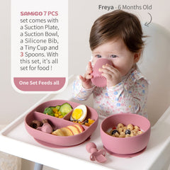 SAMiGO suction bowl holds foods in place for tidy feeding.
