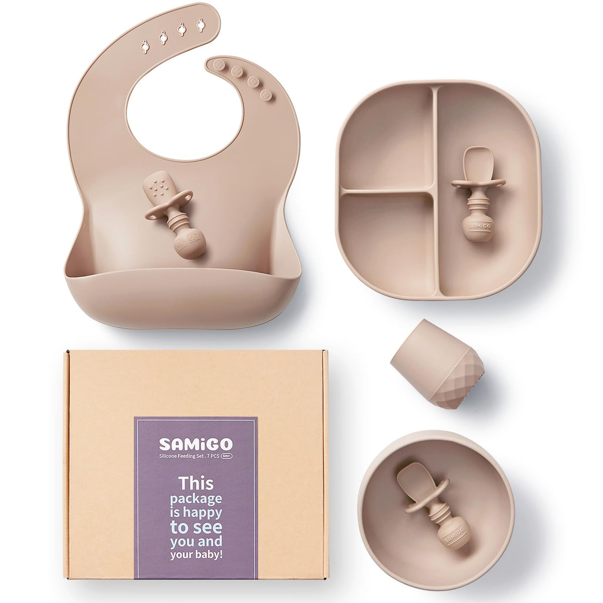 SAMiGO silicone baby feeding set with suction plate; keeps plates steady for self-feeding.