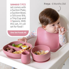 SAMiGO suction bowl stays securely on smooth surfaces during feeding.