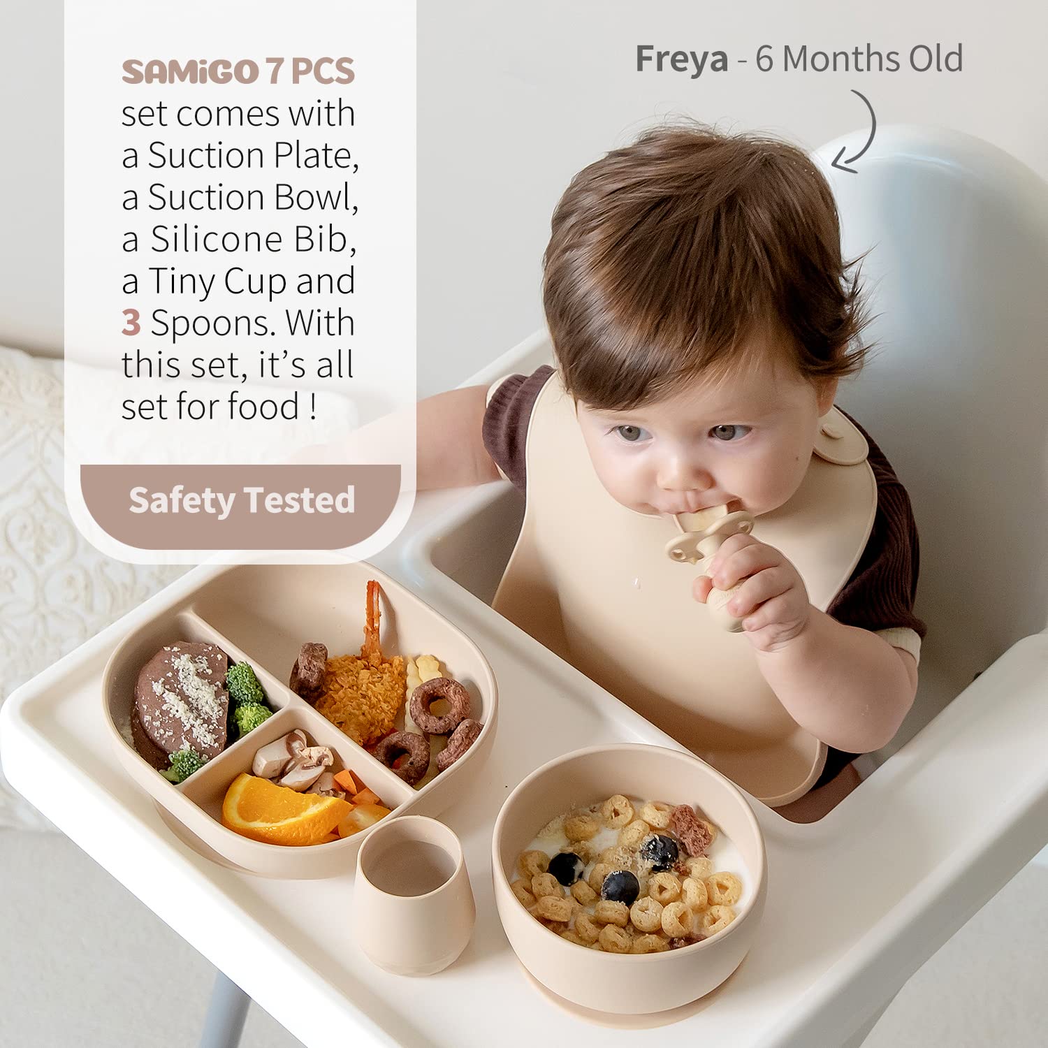 SAMiGO suction bowl provides stable feeding with minimal spills.
