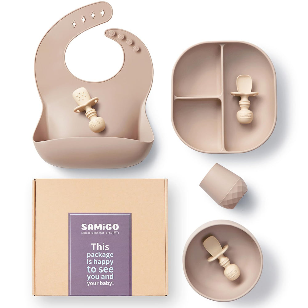 SAMiGO suction plate and bowl set holds meals securely for mess-free self-feeding
