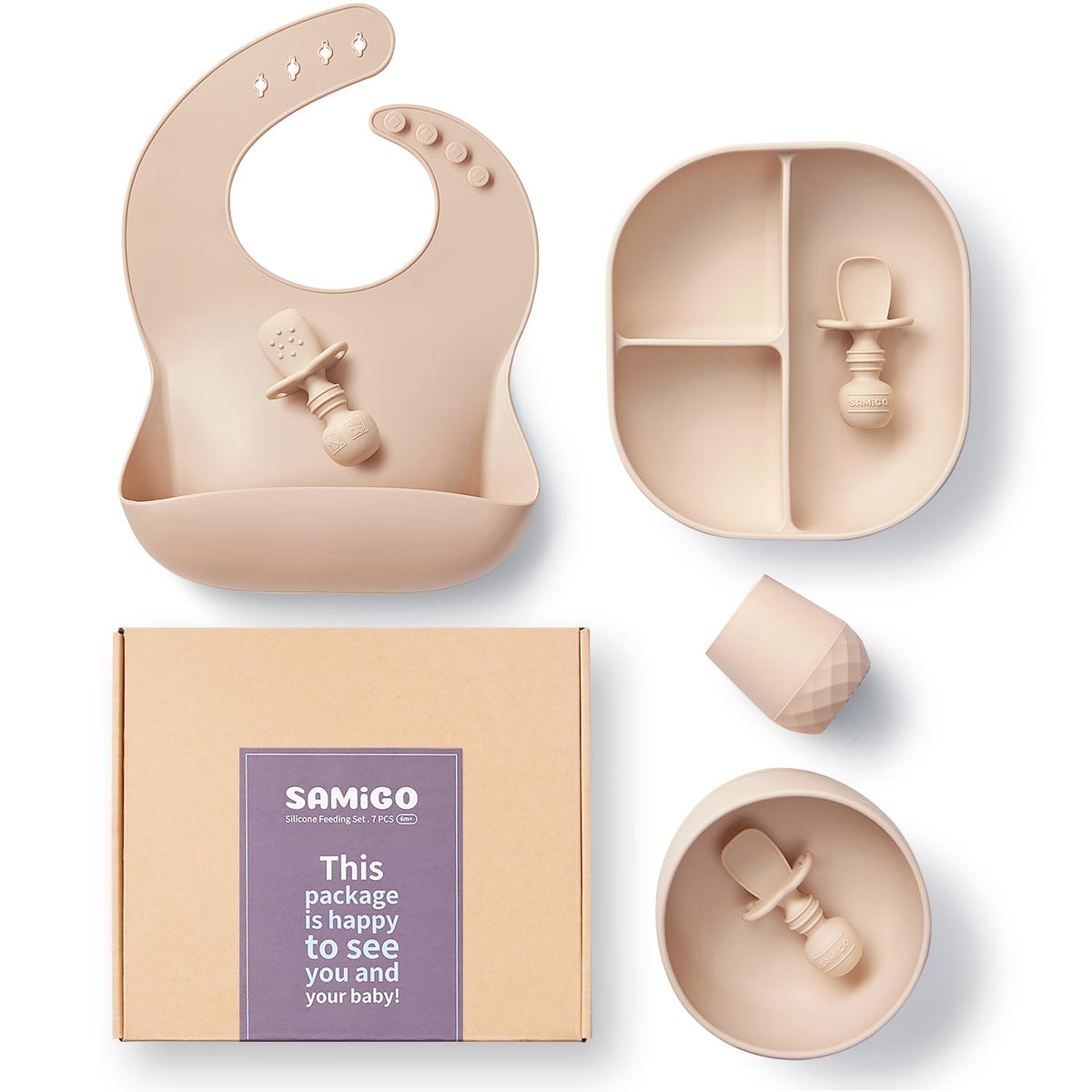 SAMiGO suction plate secures to smooth surfaces for mess-free meals.