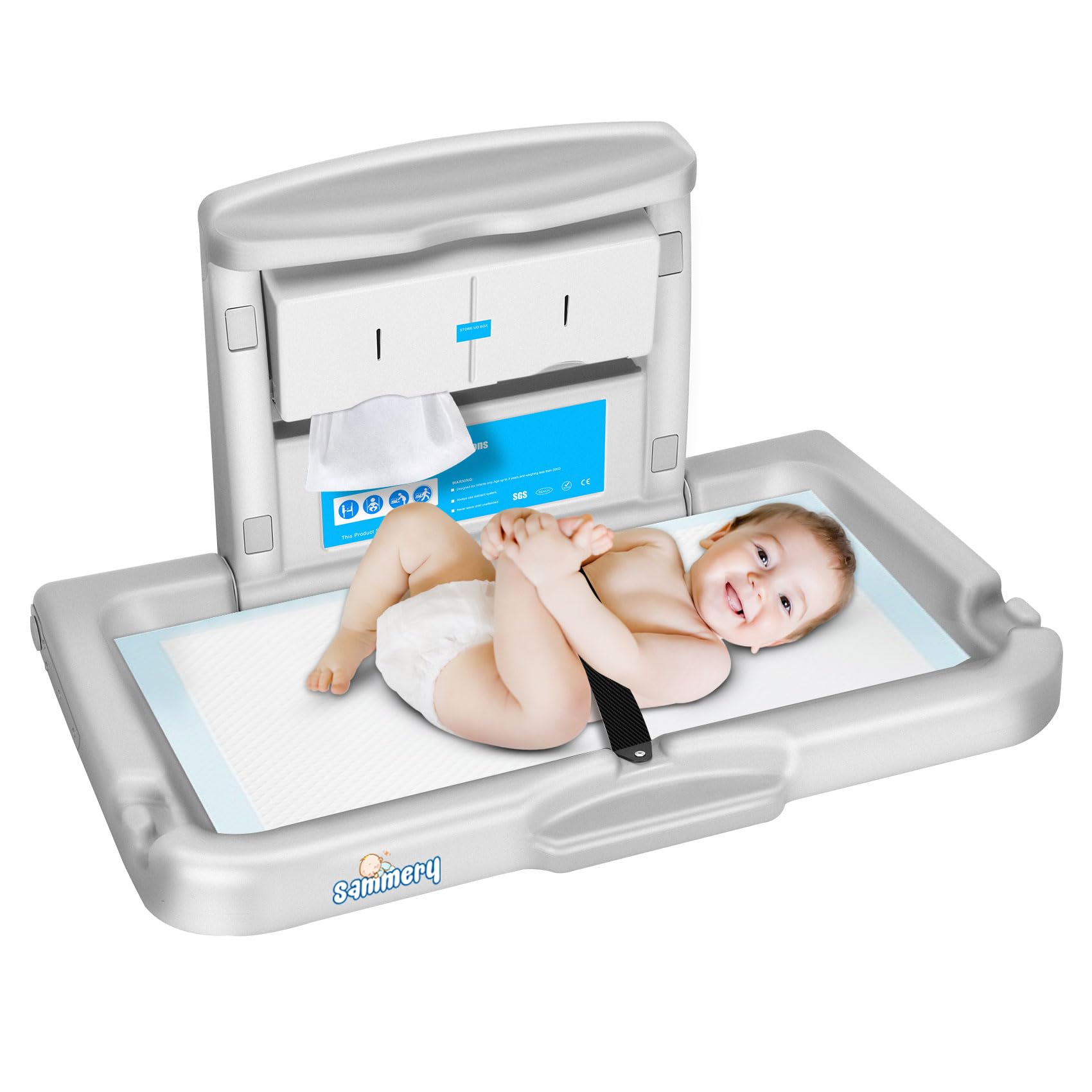 Sammery commercial baby changing station wall-mounted with safety strap for secure diaper changes.
