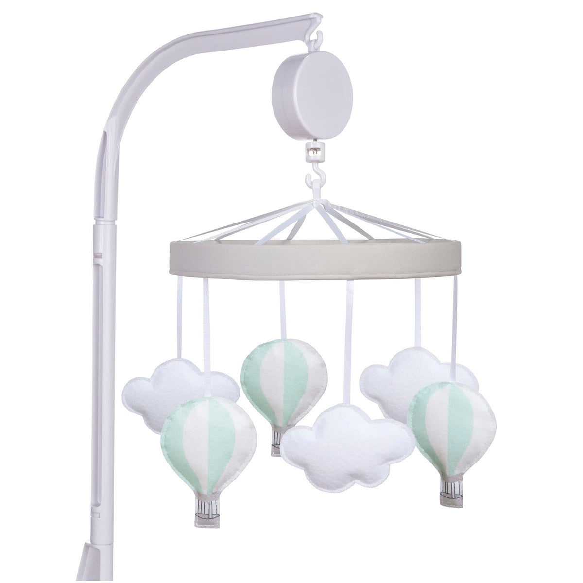 Sammy & Lou hot air balloons mobile with clouds promotes visual tracking.