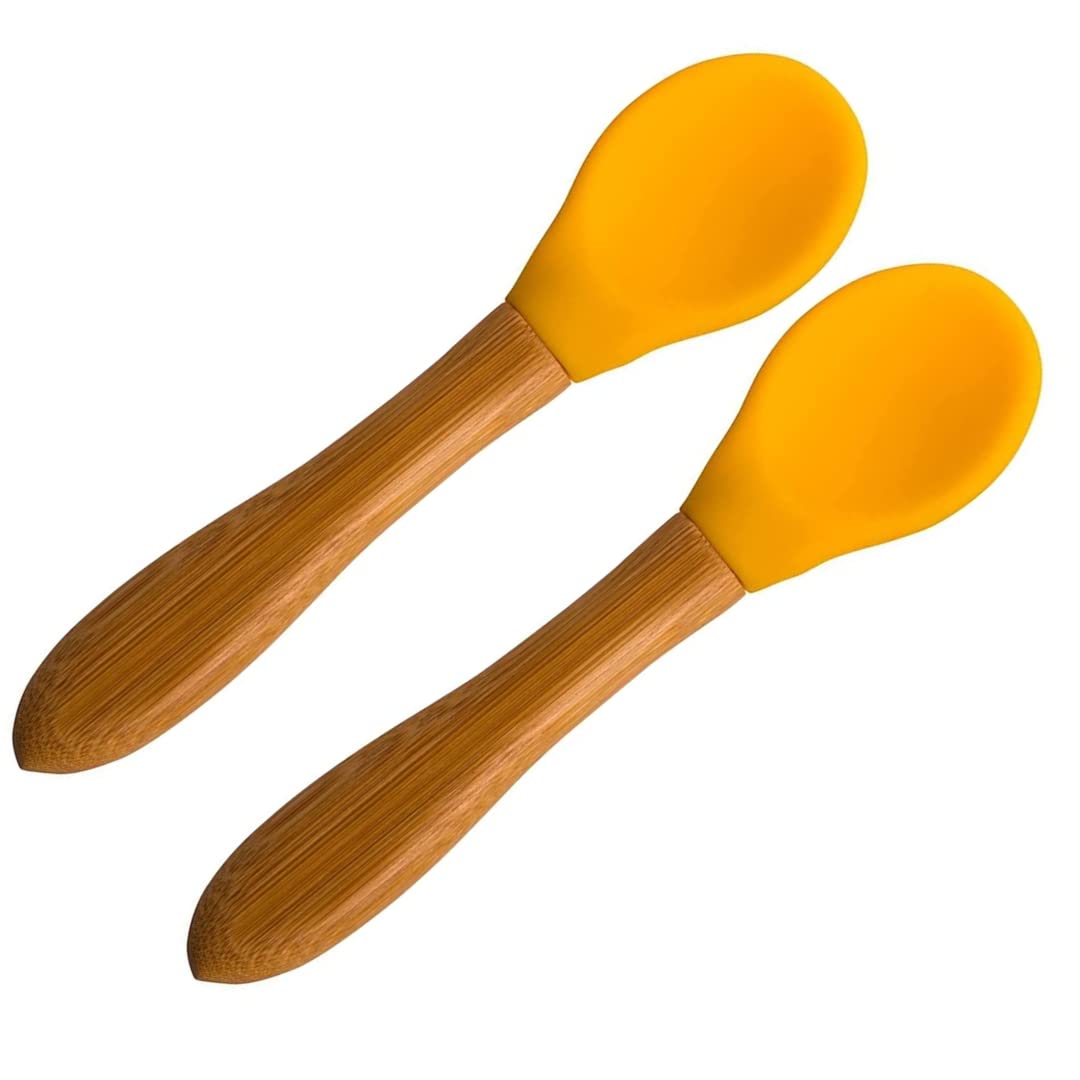 SAN SERO bamboo baby spoon with soft tip in yellow for safe self-feeding.