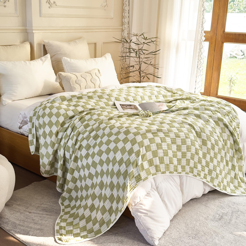 SANACYNA checkerboard pattern blanket on couch soft and versatile for year-round comfort