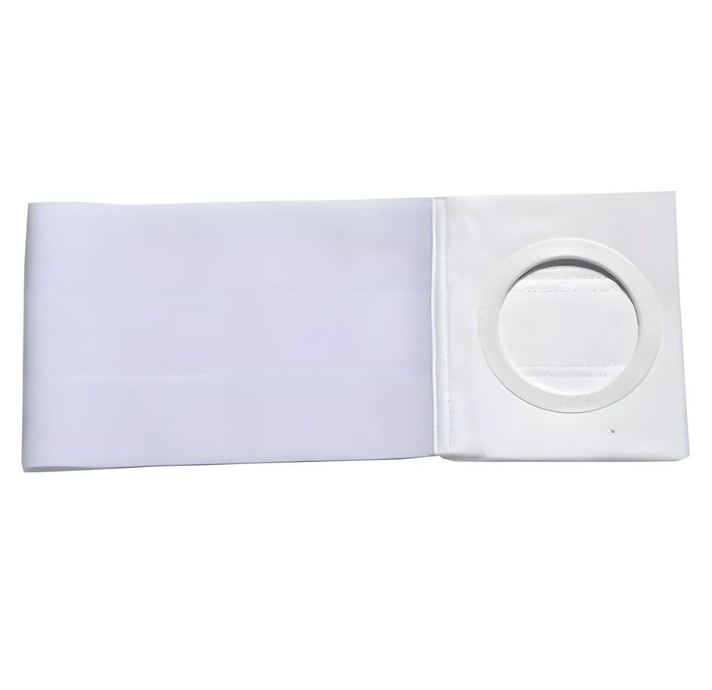 Sandhill Tools ostomy binder close-up showing 3.15-inch opening ring for smooth bag passage