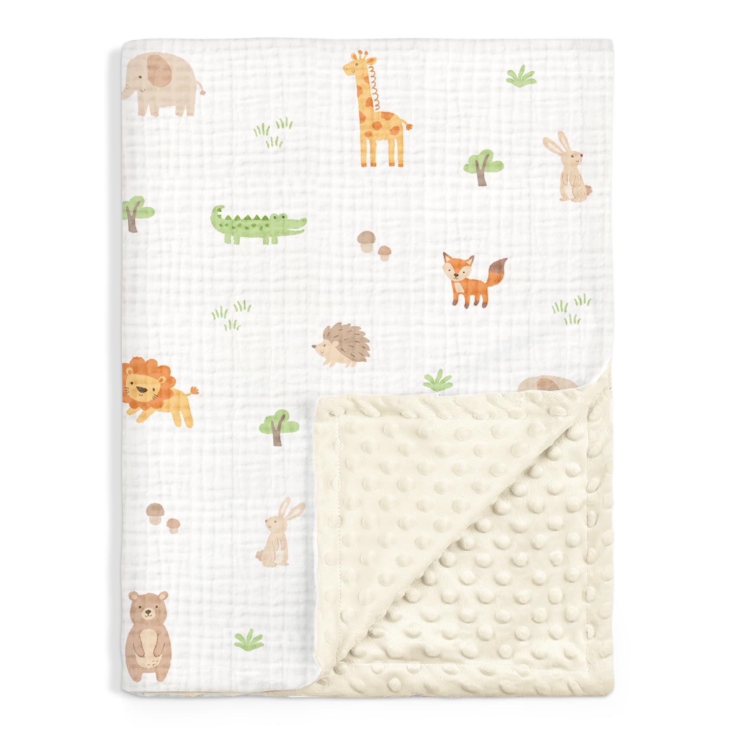 SANDJEST Animal Baby Blanket with muslin side for breathable comfort.