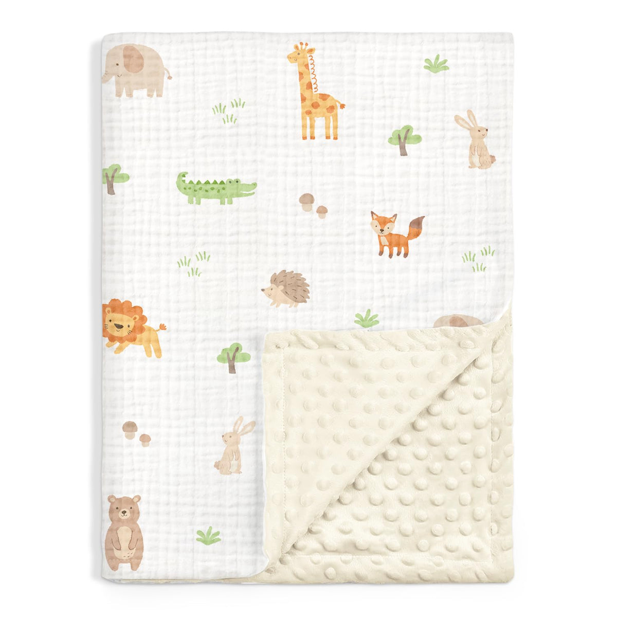 SANDJEST Animal Baby Blanket with muslin side for breathable comfort.