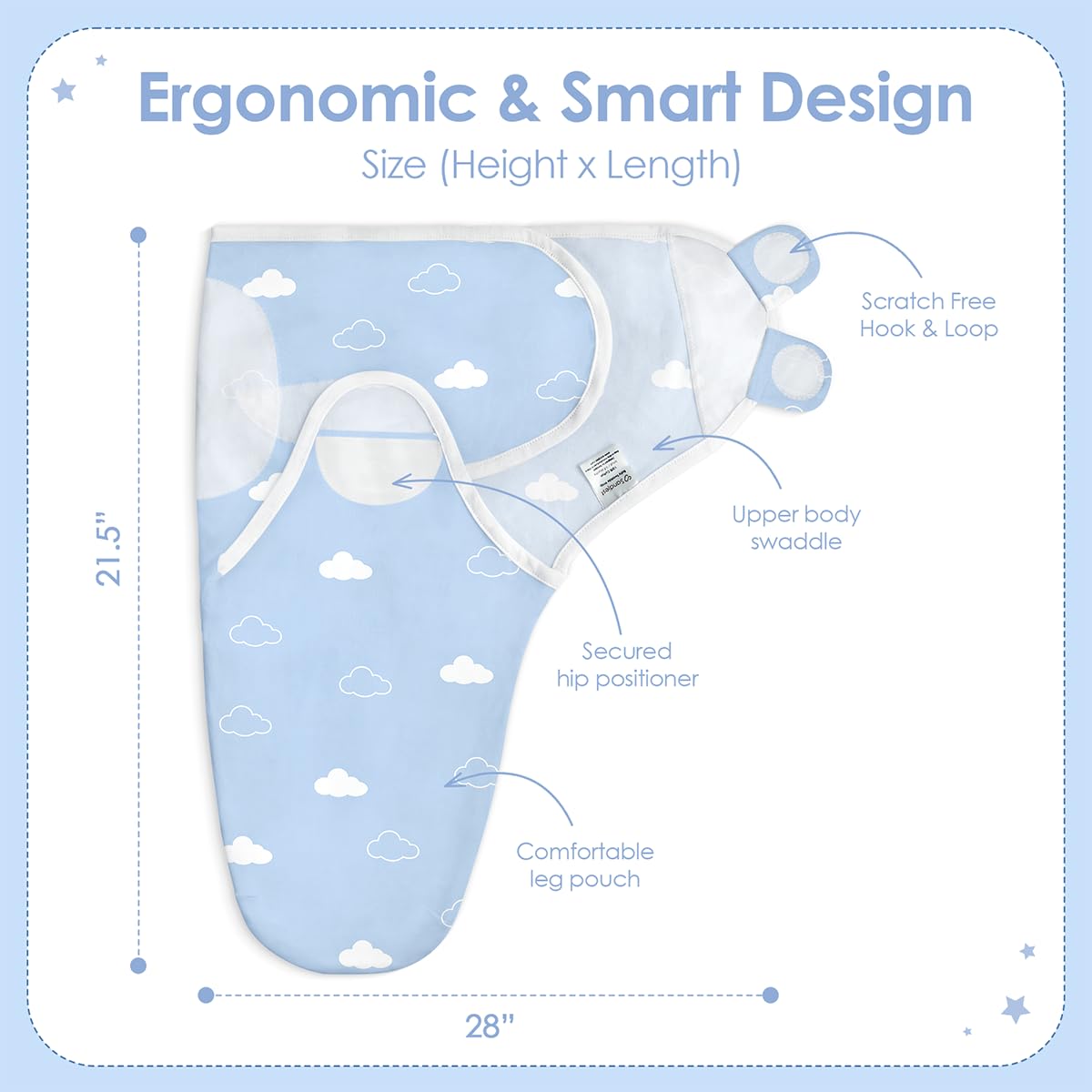 SANDJEST arm-in sleep sack with star-cloud print supports secure comfort