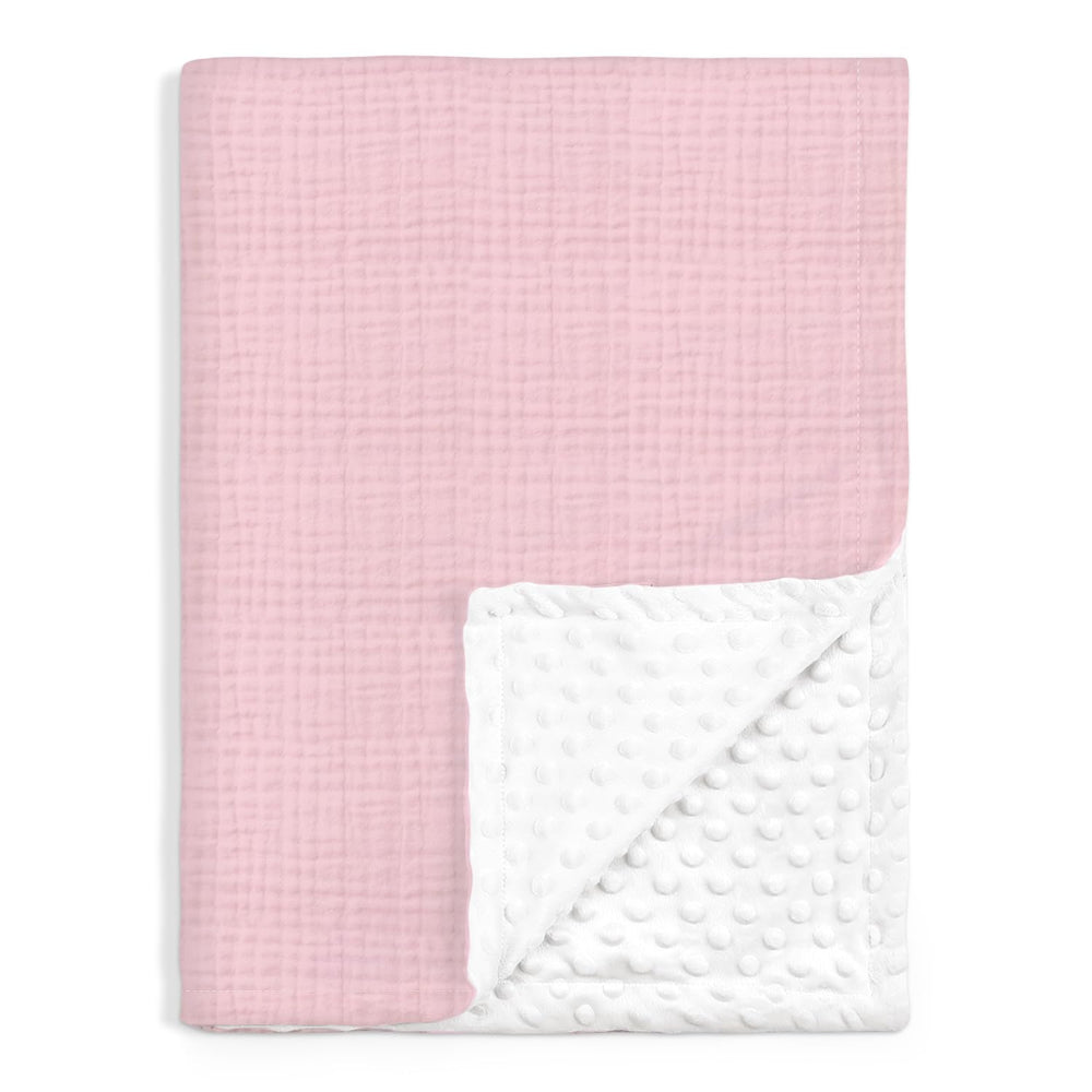 SANDJEST pink muslin and dotted fleece baby blanket close-up showing breathable texture